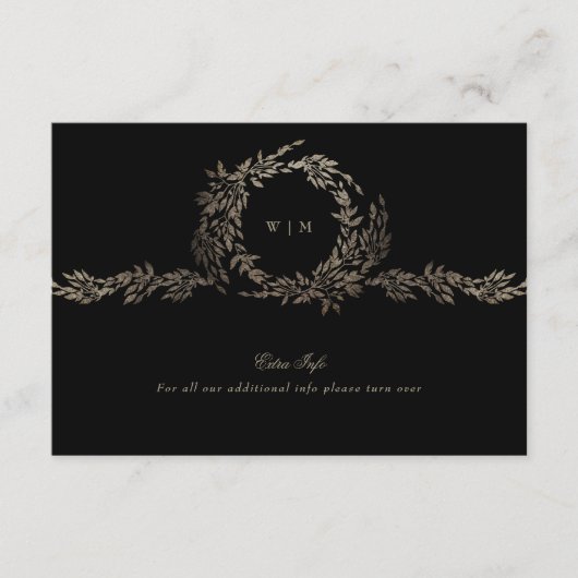 Zwart Goud Ebony Monogram Krans Details Bruiloft Informatiekaartje (Voorkant)