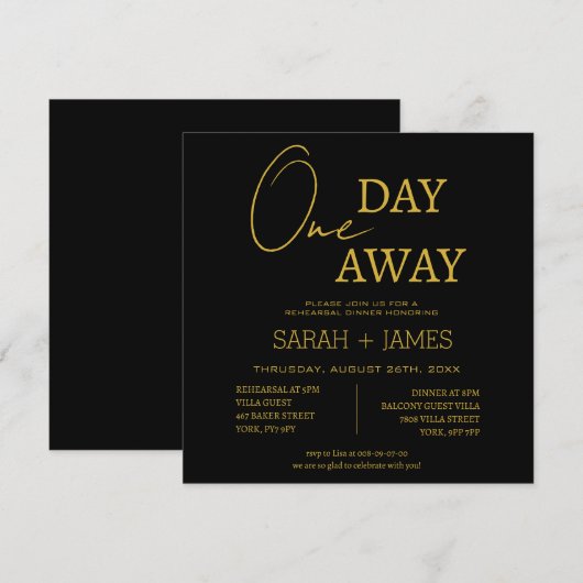 Zwart & Goud Een dag weg repetitie Diner Bruiloft Kaart (Voorkant / Achterkant)