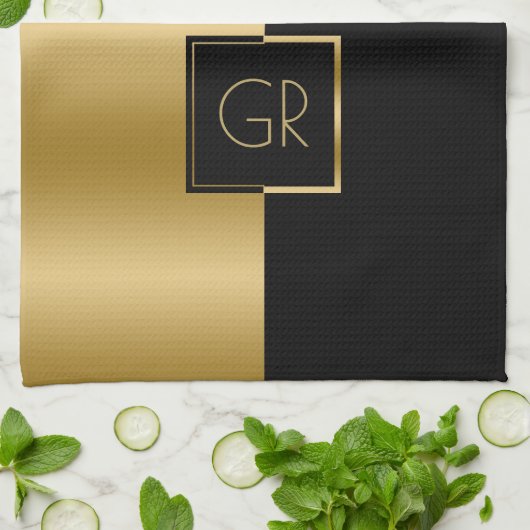 Zwart & Goud Eenvoudig Geometrisch Ontwerp Theedoek (Gevouwen)