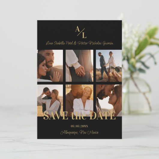 Zwart & Goud Eenvoudig Klassiek 6 Multi Foto's Col Save The Date (Staand voorkant)