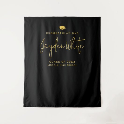 Zwart & Goud Eenvoudig Modern Script Naam Afstudee Wandkleed (Voorkant)