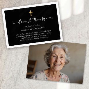 Zwart Goud Eenvoudig Script Cross Photo Funeral Bedankkaart