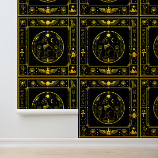 Zwart Goud Egyptische Kat Symbool Patroon Luxe Behang