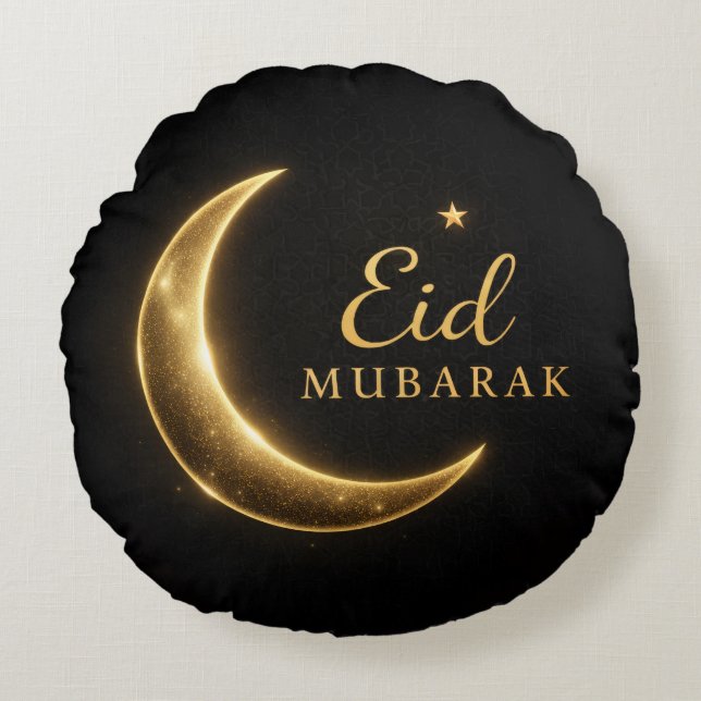 Zwart & Goud Eid Mubarak Decoratiekussen – Ramad Rond Kussen (Voorkant)