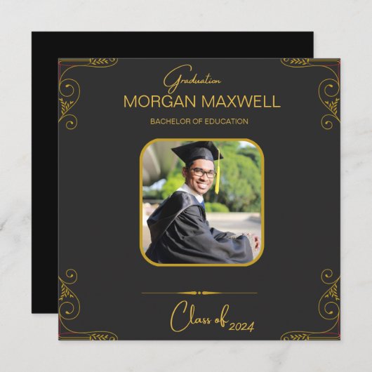 Zwart Goud Elegant Afstuderen Invitation Kaart (Voorkant / Achterkant)