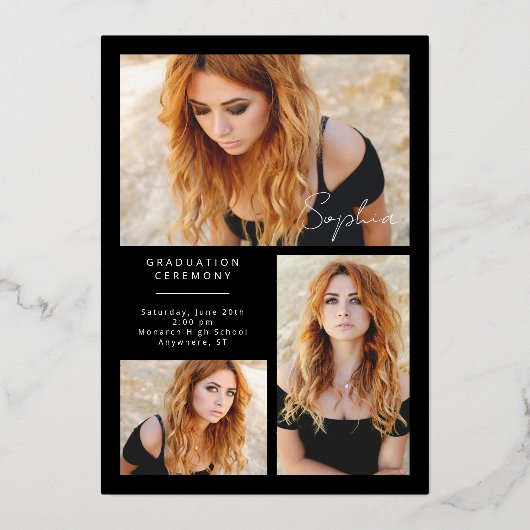 Zwart Goud Elegant Afstuderen Script Afstuderen Folie Uitnodiging (Achterkant)