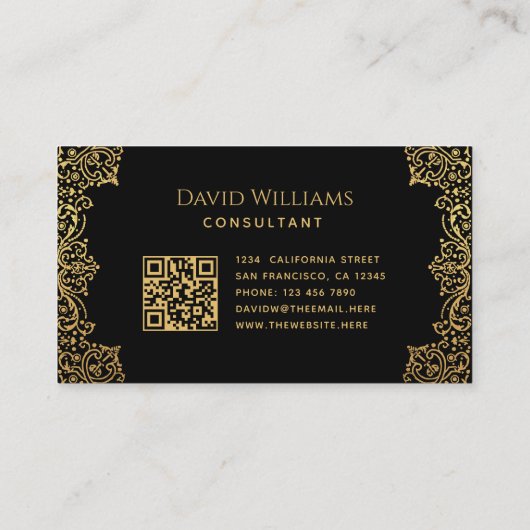 Zwart Goud Elegant Antiek Script QR Code Visitekaartje (Achterkant)