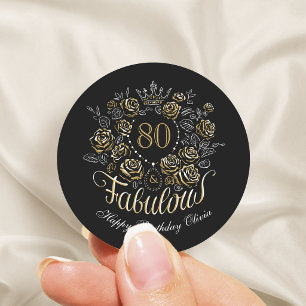 Zwart & Goud Elegant Bloem 80 & Fabulous Verjaarda Ronde Sticker