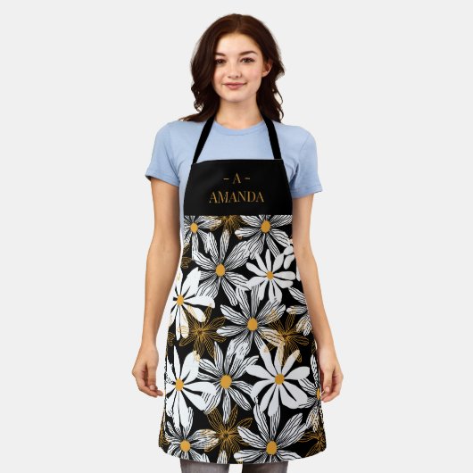 Zwart Goud Elegant Daisy Bloemen Abstract Monogram Schort (Gedragen)
