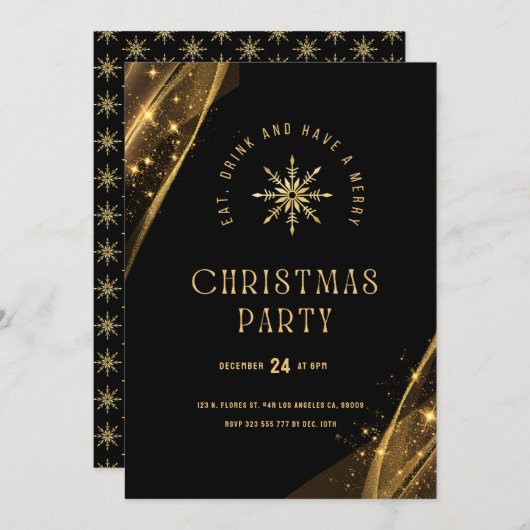 Zwart Goud Elegant Feestelijk Kerstfeest Kaart (Voorkant / Achterkant)