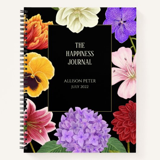 Zwart Goud Elegant Floral Happiness Journal Notitieboek (Voorkant)