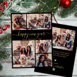 Zwart Goud Elegant Gelukkig Nieuwjaar 5 Fotocollag Feestdagenkaart<br><div class="desc">Eenvoudig Modern Elegant Kalligrafie Zwart en Goud 5 Fotocollage Happy New Year Script Vakantie Kaart. Deze feestelijke, minimalistische, grillige vijf (5) foto vakantie wenskaart sjabloon beschikt over een grid fotocollage en zegt "Happy New Year"! De begroetingstekst is geschreven in een prachtig handgeschreven wervelig swash-tail lettertype script in goud op zwarte...</div>