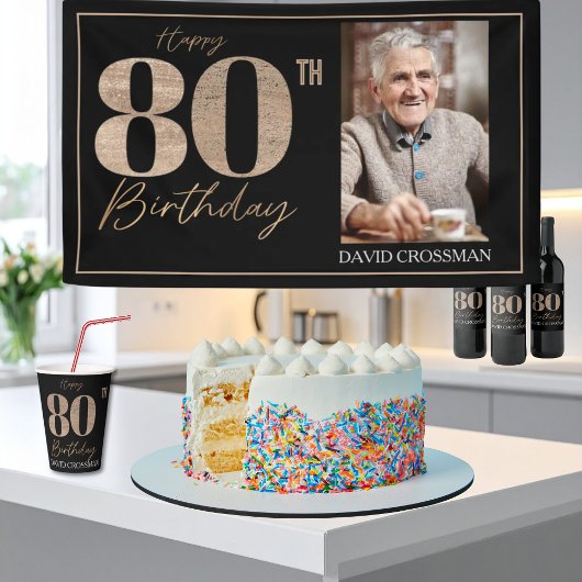 Zwart & Goud Elegant Glitter 80ste Foto Verjaardag Spandoek