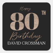 Zwart & Goud Elegant Glitter 80ste Verjaardag Vierkante Sticker (Voorkant)