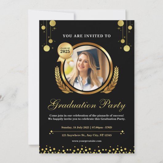 Zwart & Goud Elegant Graduation Party uitnodiging (Voorkant)