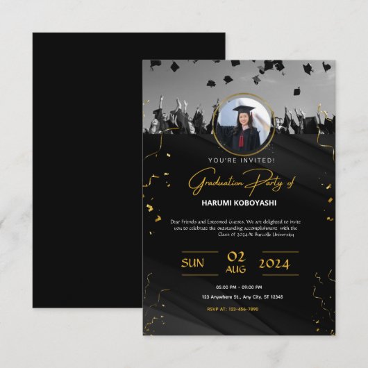 Zwart & Goud Elegant Graduation Party uitnodiging (Voorkant / Achterkant)