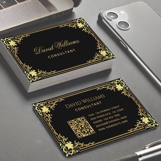 Zwart Goud Elegant  Kalligrafie QR Code Visitekaartje
