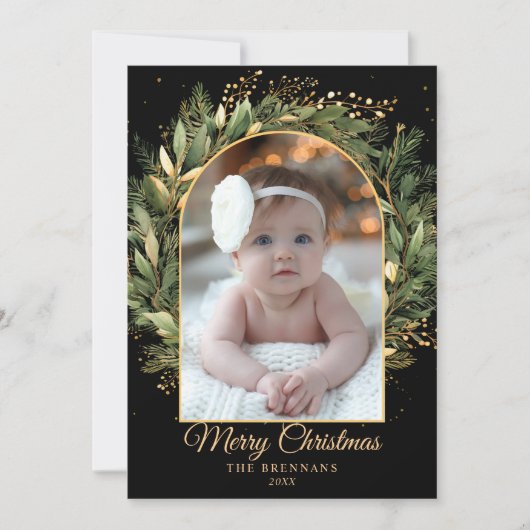 Zwart Goud Elegant Kerst 1 foto Botanisch Feestdagenkaart (Voorkant)