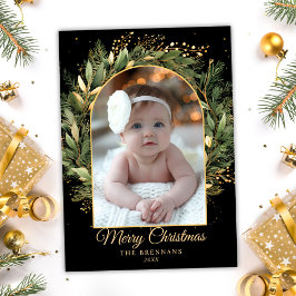 Zwart Goud Elegant Kerst 1 foto Botanisch Feestdagenkaart