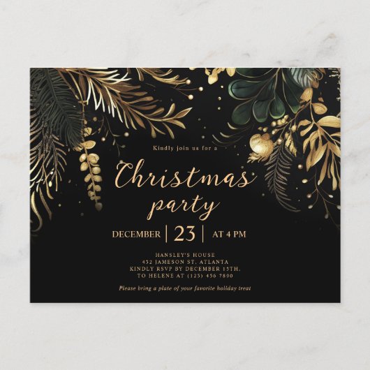 Zwart Goud Elegant Kerstfeest Vakantie Uitnodiging Briefkaart (Voorkant)