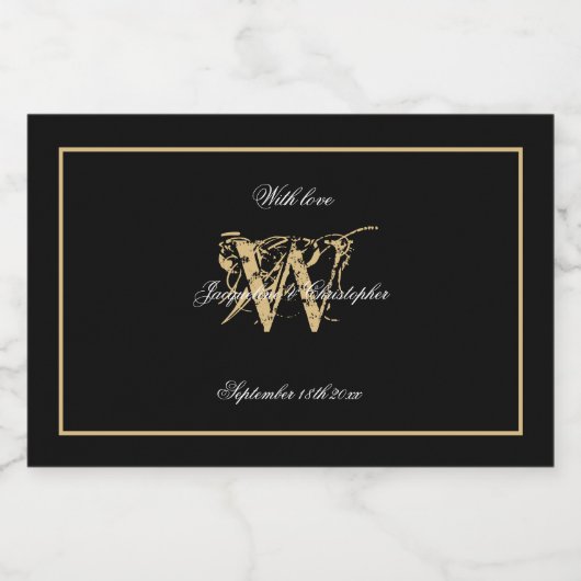 Zwart & Goud Elegant Monogram Chique Bruiloft Mini Likeurfles Etiket (Enkel label)