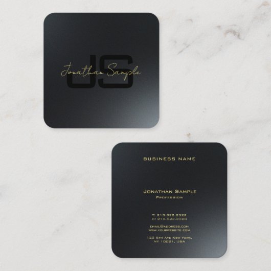 Zwart & Goud Elegant Monogram Initiaal Professione Vierkante Visitekaartje (Voorkant / Achterkant)