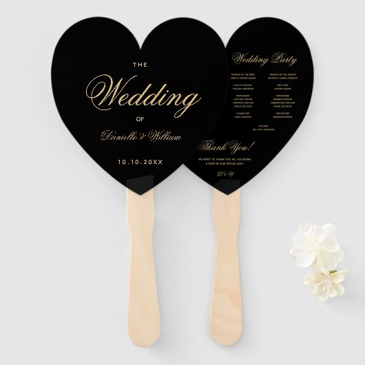 Zwart Goud Elegant Script Hart Bruiloft Programma Handwaaier (Voorkant en achterkant)