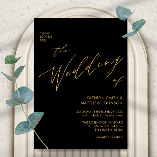 Zwart goud elegant script in één huwelijk kaart