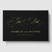 Zwart Goud Elegant Script Kalligrafie Bruiloft Fol Gastenboek (Voorkant)