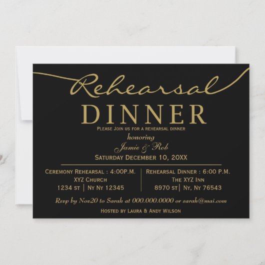 zwart goud Elegant Script Rehearsal Dinner Kaart (Voorkant)