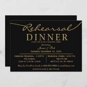 zwart goud Elegant Script Rehearsal Dinner Kaart