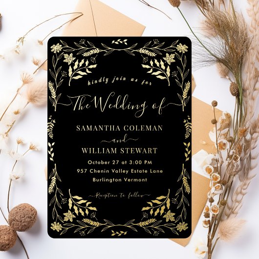 Zwart Goud Elegante Boho Moderne Typografie Huweli Folie Uitnodiging