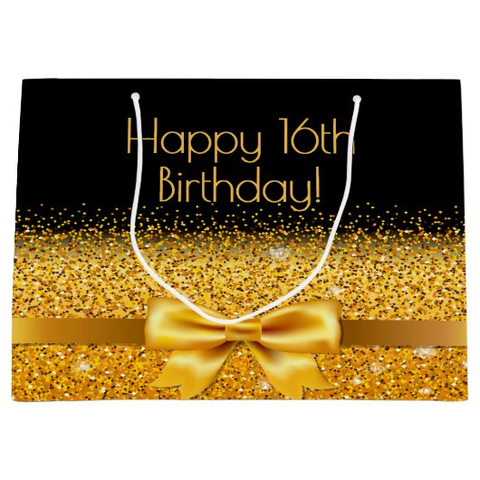 Zwart goud elegante boog naam Sweet 16 Groot Cadeauzakje (Voorkant)