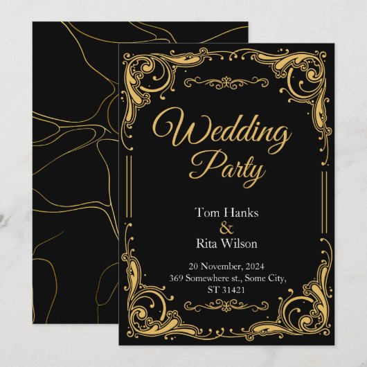 Zwart & Goud Elegante Bruiloft Uitnodiging (Voorkant / Achterkant)