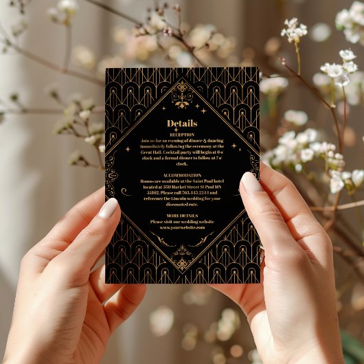 Zwart Goud Elegante Geometrische Art Deco Wedding Informatiekaartje