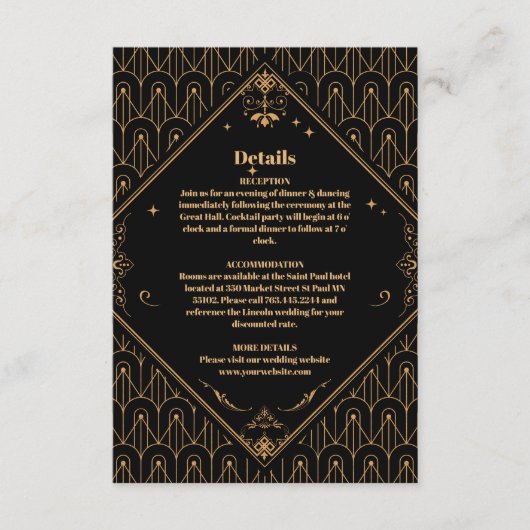 Zwart Goud Elegante Geometrische Art Deco Wedding Informatiekaartje (Voorkant)
