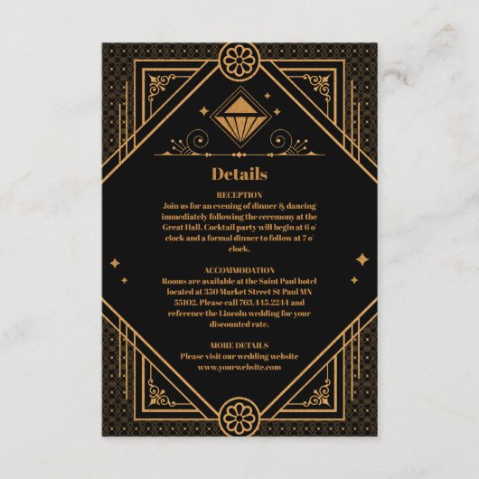 Zwart Goud Elegante Geometrische Art Deco Wedding Informatiekaartje (Voorkant)