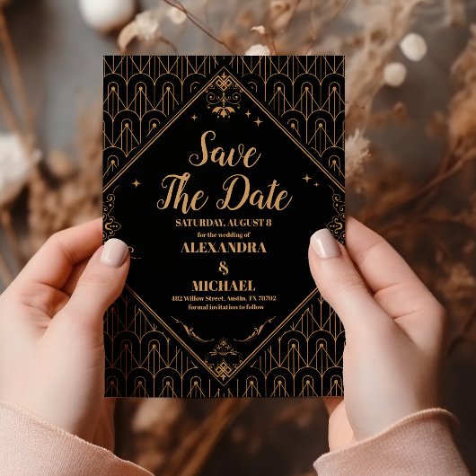 Zwart Goud Elegante Geometrische Art Deco Wedding Save The Date
