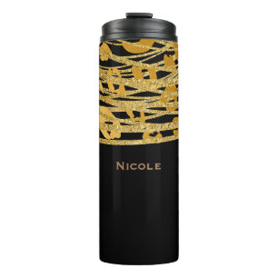 Zwart & Goud Elegante Glitter Luipaard Jachtluipaa Thermosbeker