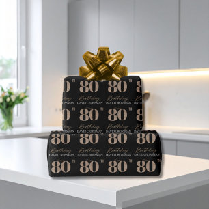 Zwart & Goud Elegante Glitters 80ste Verjaardag Cadeaupapier