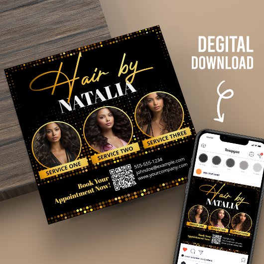 Zwart Goud Elegante Haarstylist Digitale Flyer Kaa Kaart