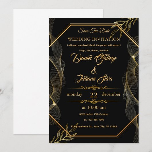 Zwart & Goud Elegante Huwelijksuitnodiging Kaart (Voorkant / Achterkant)