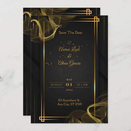 Zwart & Goud Elegante Huwelijksuitnodiging Kaart (Voorkant / Achterkant)