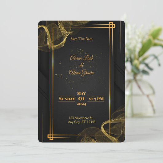 Zwart & Goud Elegante Huwelijksuitnodiging Kaart (Staand voorkant)