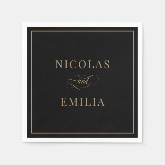 Zwart Goud Elegante Kalligrafie Wedding Servet (Voorkant)