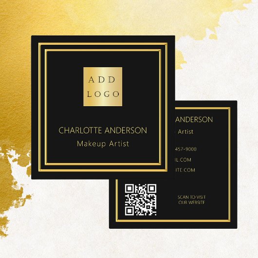 Zwart goud elegante logo QR code Vierkante Visitekaartje