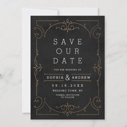 Zwart & Goud Elegante moderne klassieke bruiloft Save The Date (Voorkant)