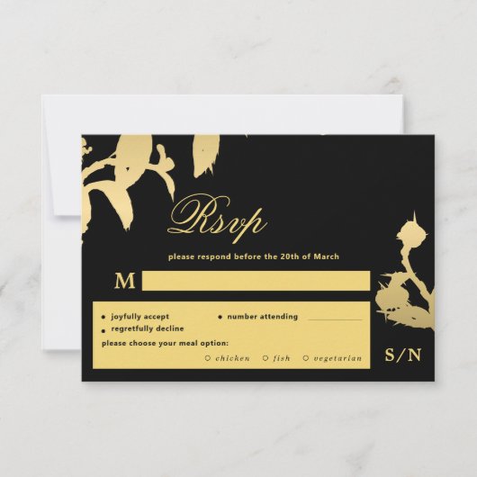 Zwart goud elegante monogram maaltijd keuze bruilo RSVP kaartje (Voorkant)
