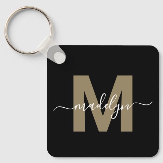 Zwart Goud Elegante Naam Monogram Sleutelhanger (Voorkant)