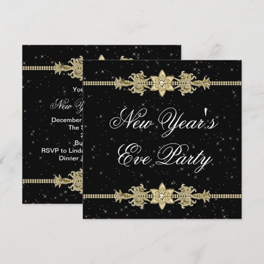 Zwart Goud Elegante Oudejaarsavond Uitnodigingen (Voorkant / Achterkant)